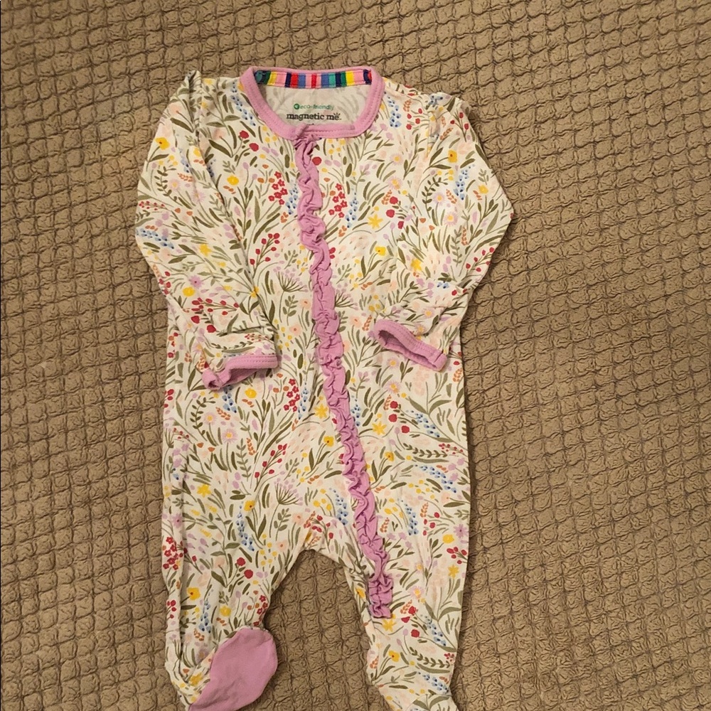 Magnetic Me Floral Ruffle Footed One-Piece - Pink Trim